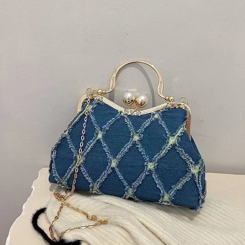 Women's Denim Geometric Elegant Vintage Style Shell Lock Clasp Shoulder Bag Handbag Crossbody Bag