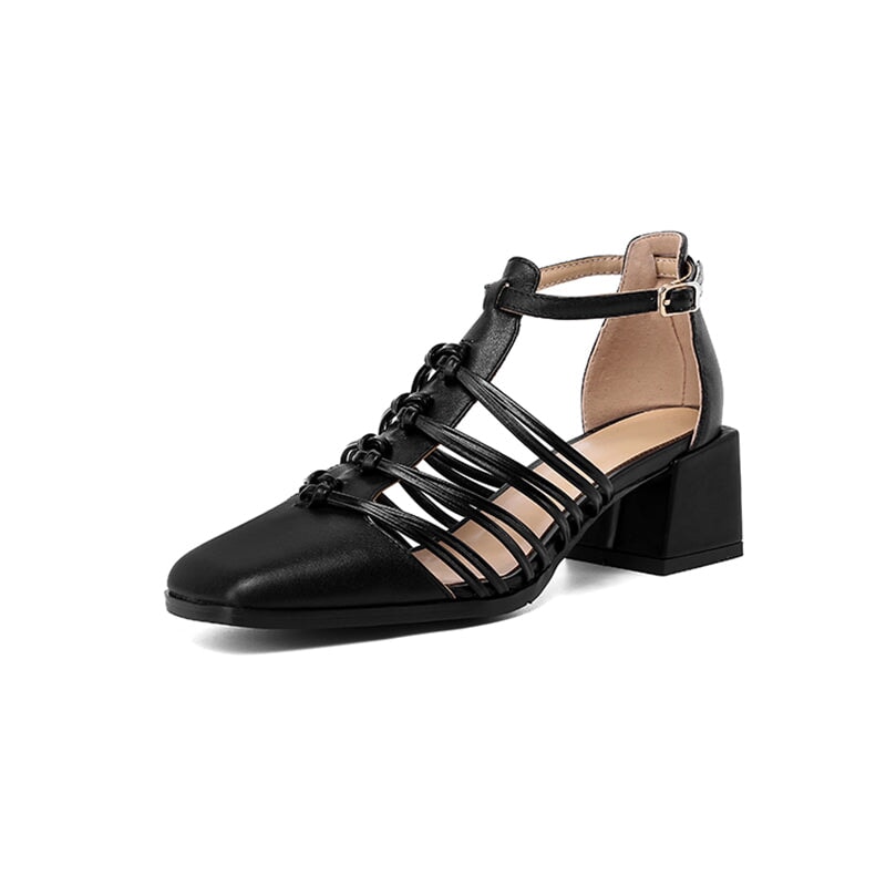 Casual Woven Strappy T-Strap Block Heel Cow Leather Sandals in Brown/Black/Beige