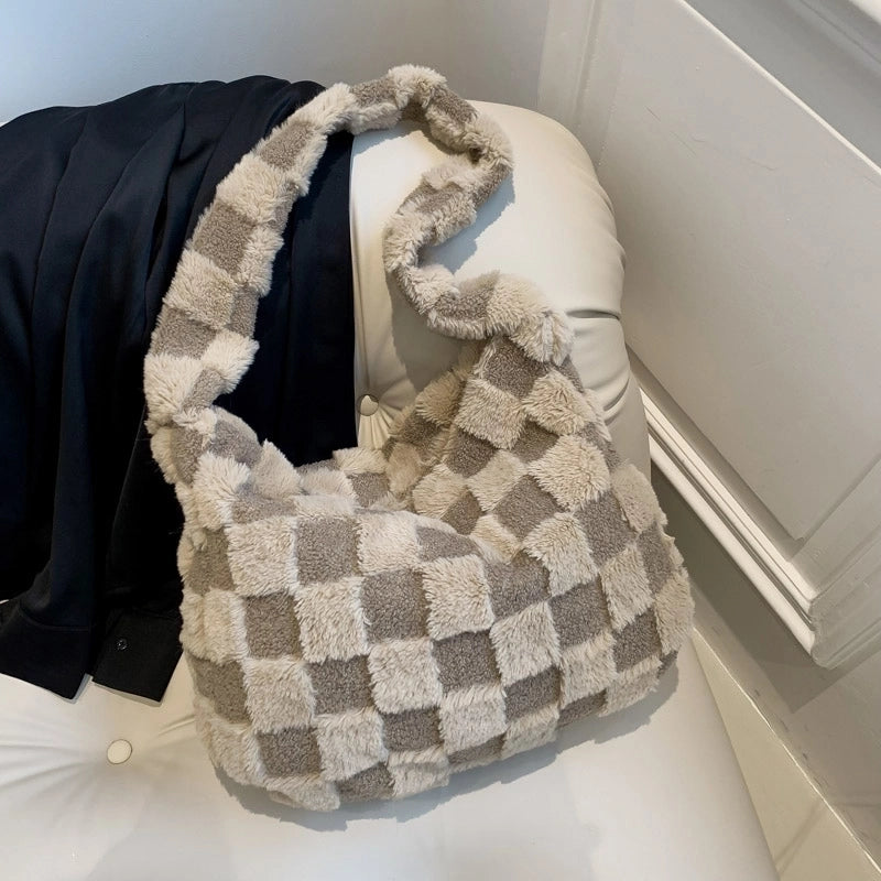 Women's Autumn&winter Plush Color Block Streetwear Square Zipper Shoulder Bag Underarm Bag