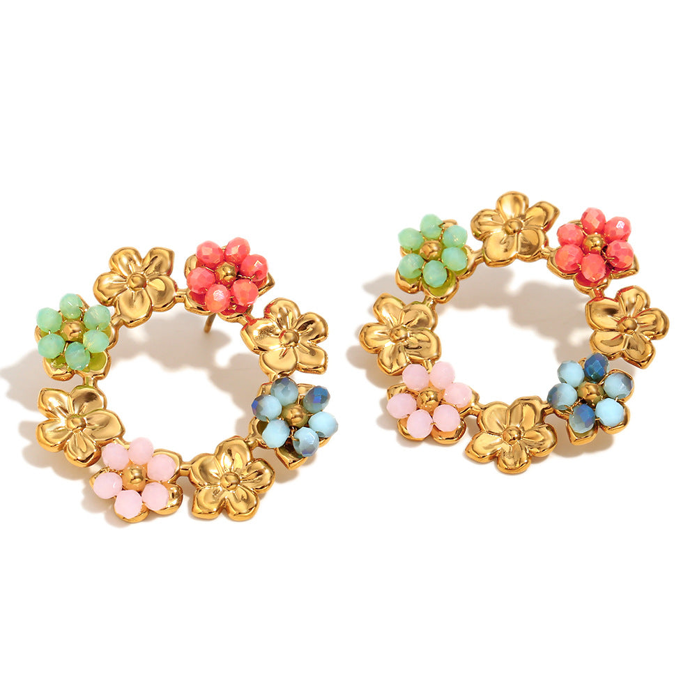 Niche Colorful Flower Hoop Earrings Stainless Steel 18K Gold Plated French Malachite Earrings