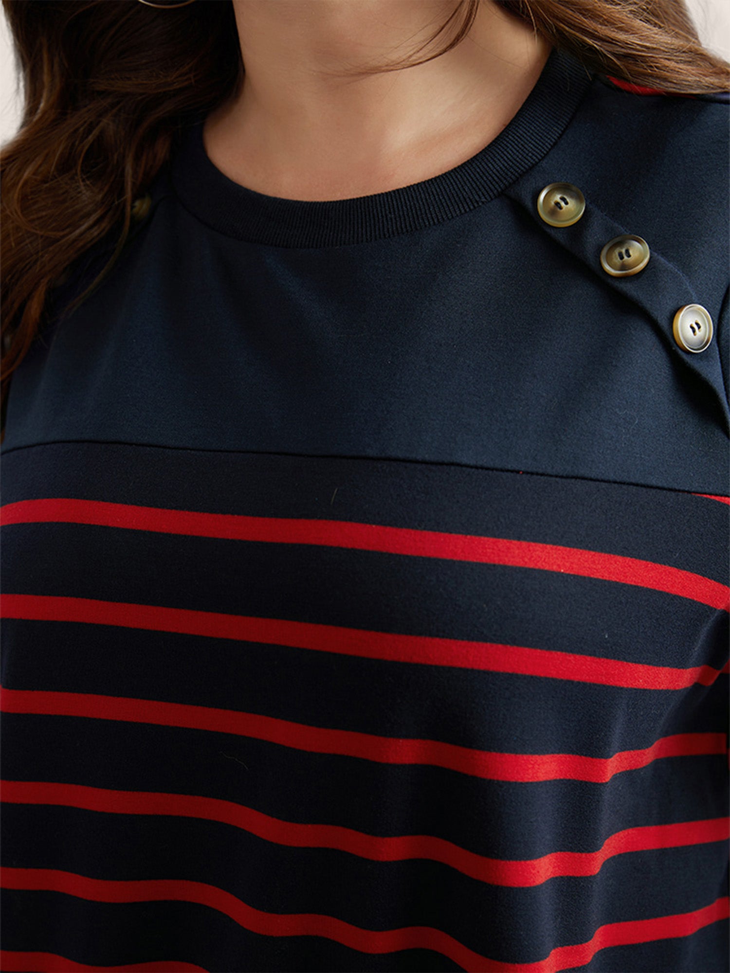 Striped Patchwork Button Detail Sweatshirt