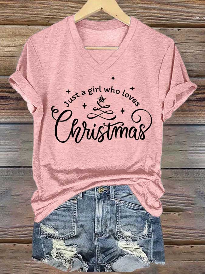 Women's Just A Girl Who Loves Christmas Print Casual V-Neck T-Shirt