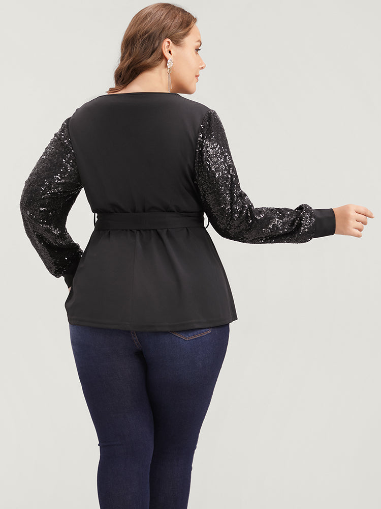 Solid Sequin Belted Surplice Neck Blouse