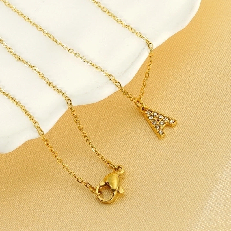 Minimalist Classic Style Letter Titanium Steel Zircon 18K Gold Plated Inlay Pendant Necklace