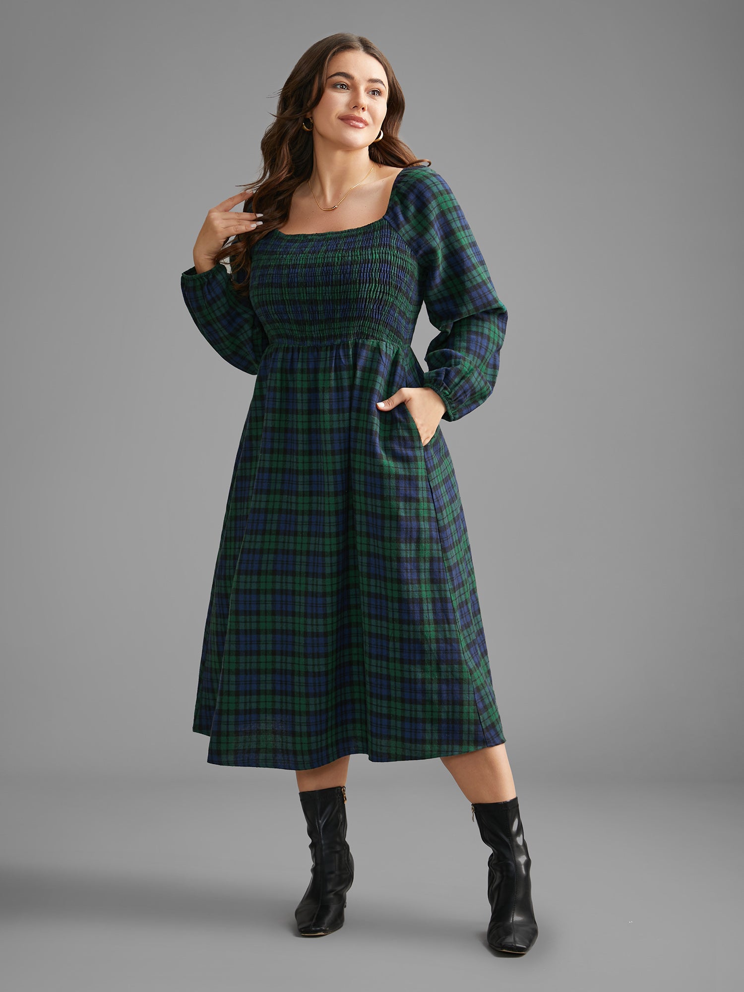 Plaid Square Neck Shirred Midi Dress