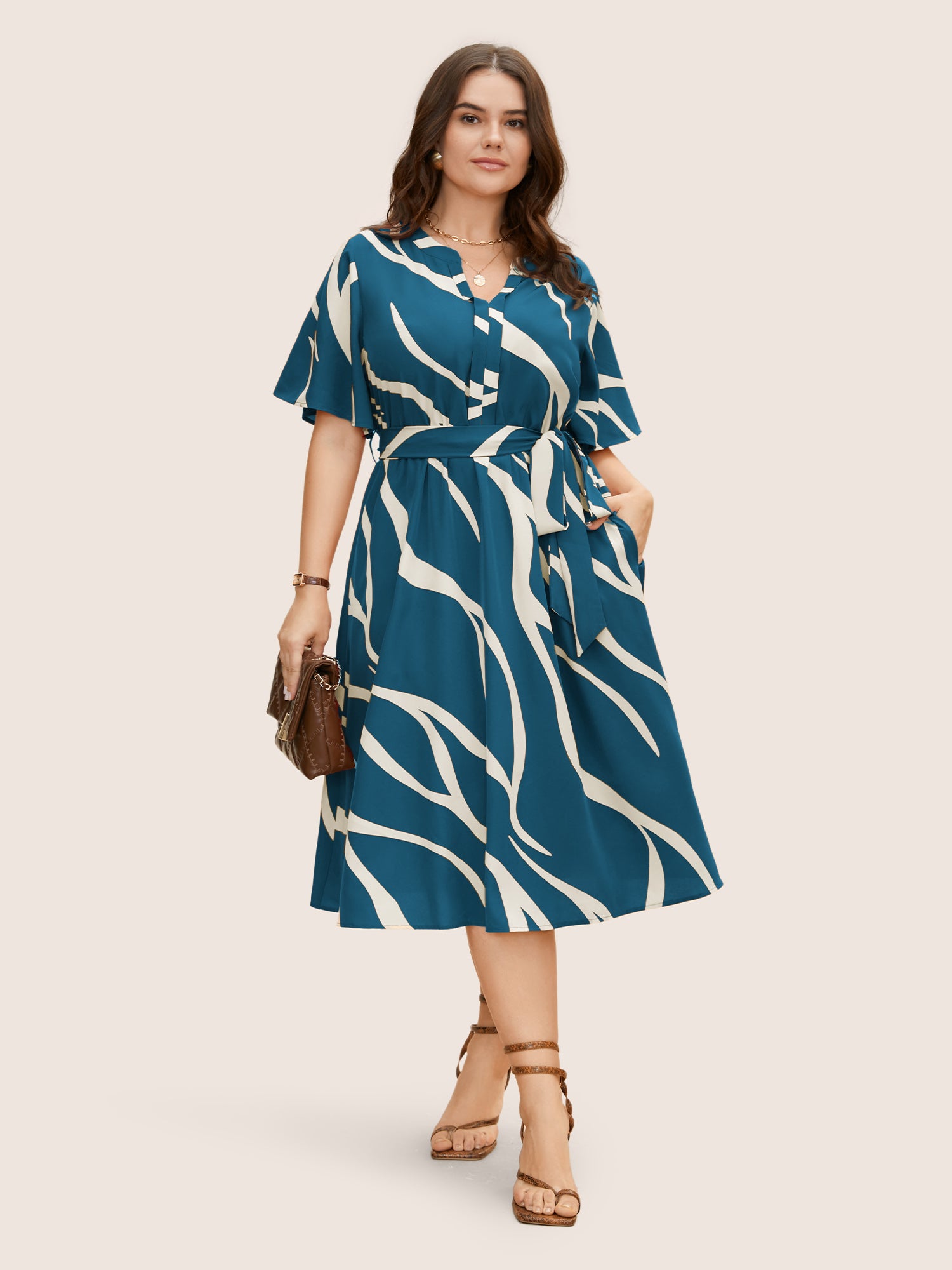 Geometric Surplice Neck Tie Knot Midi Dress