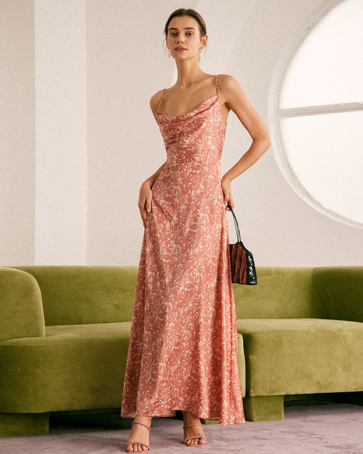The Light Orange Cowl Neck Floral Maxi Dress