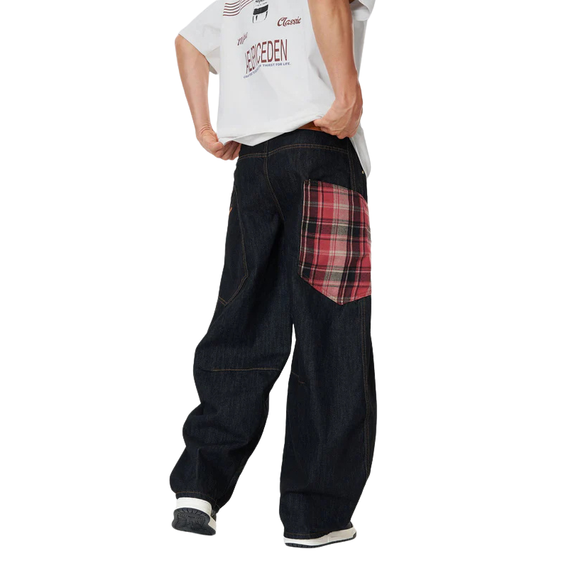 Plaid Pocket Barrel Jeans