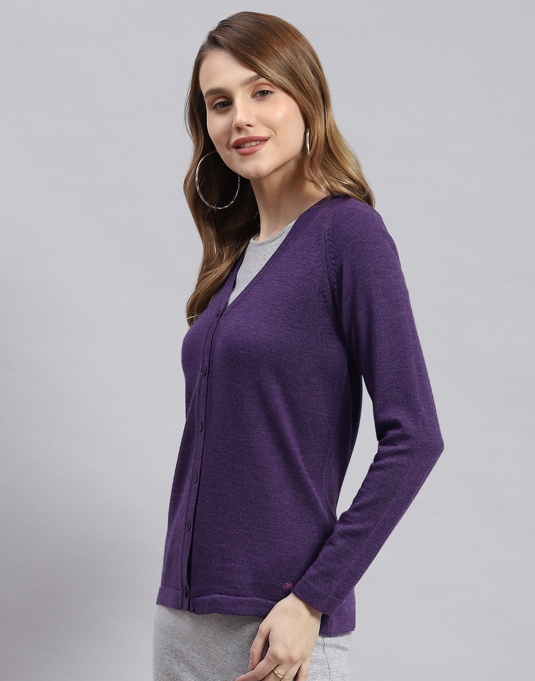 Women Purple Solid V Neck Full Sleeve Cardigans