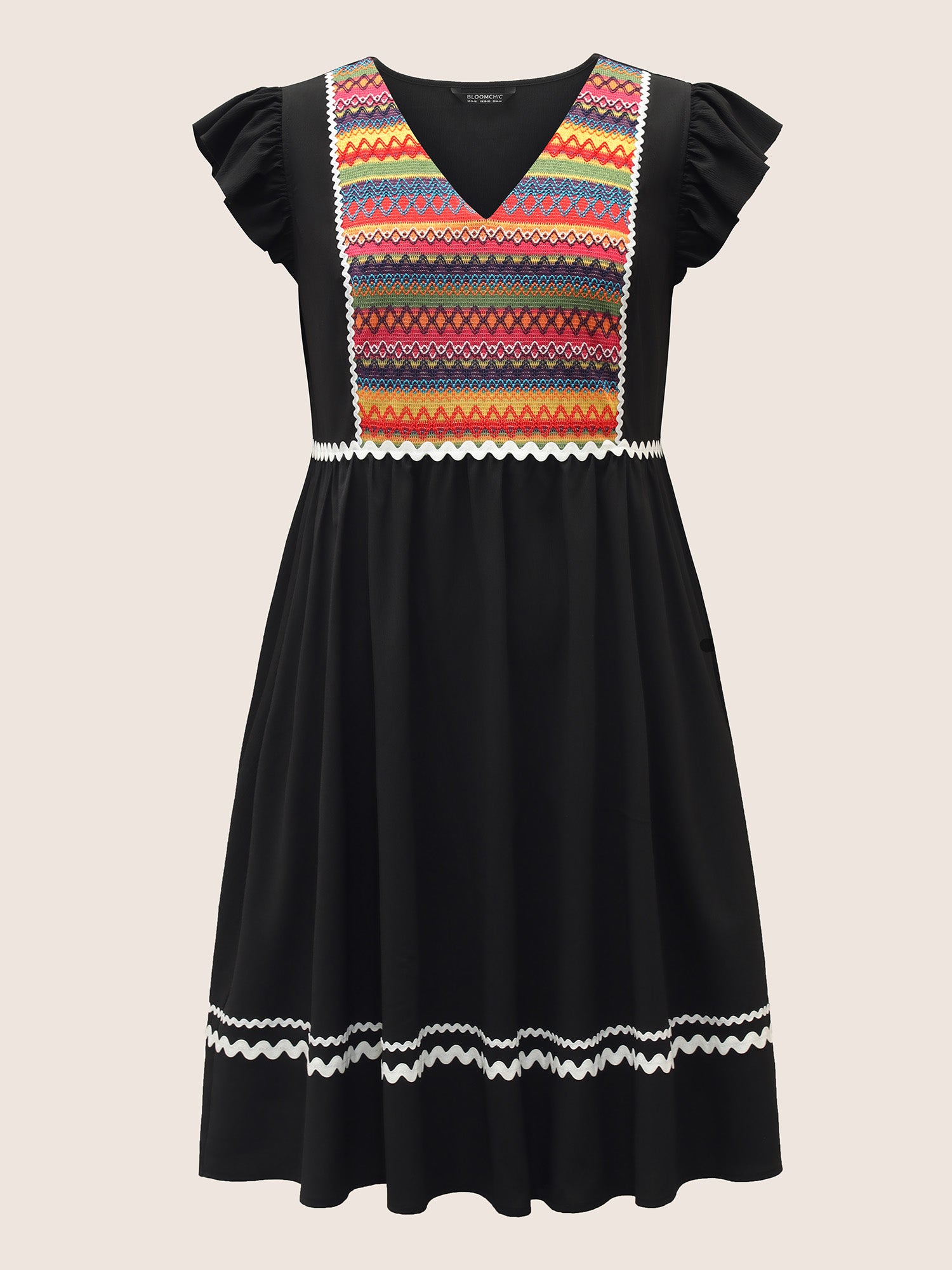 Color Embroidered Patchwork Flounce Sleeve Dress