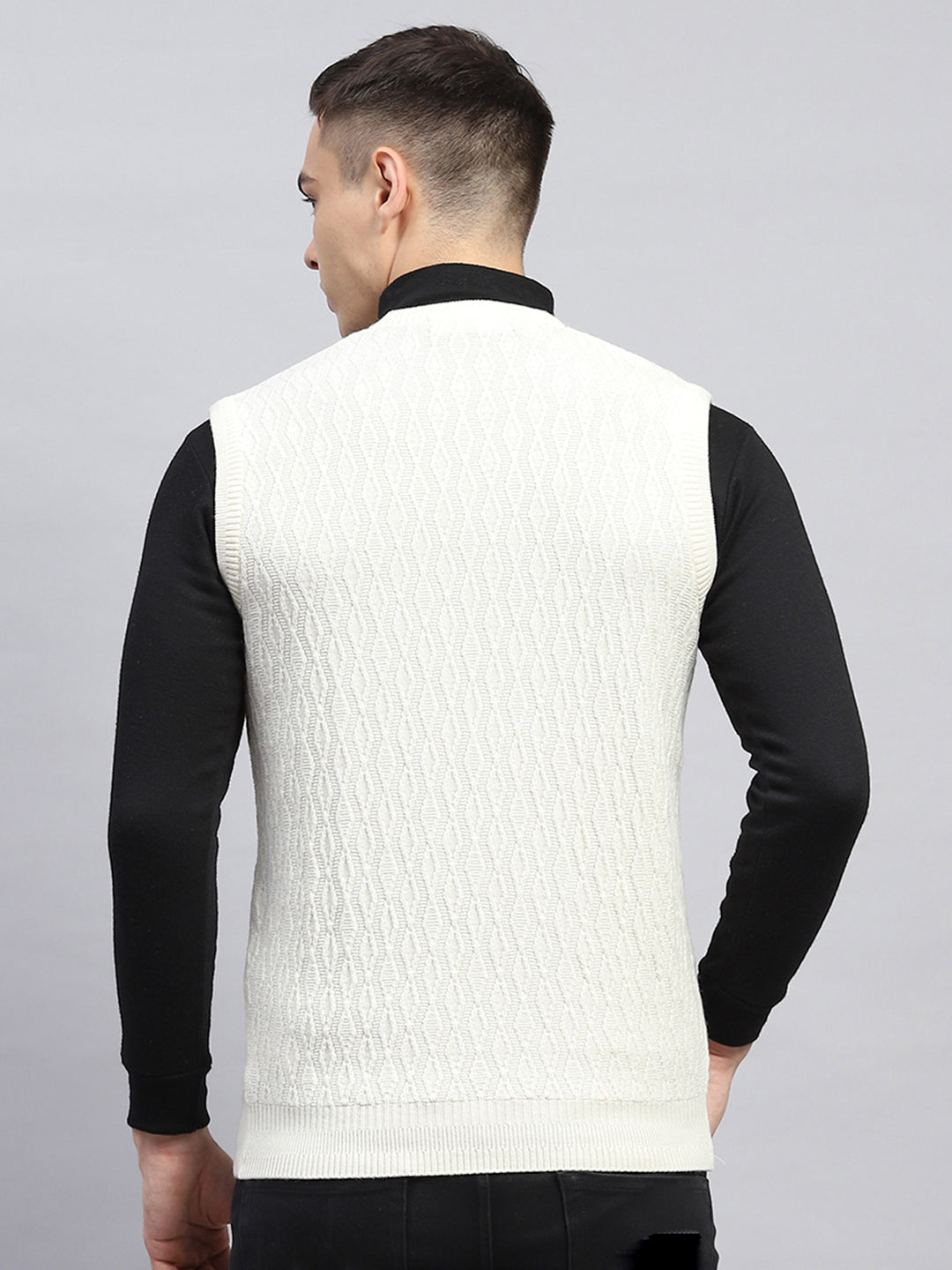 Men Off White Self Design V Neck Sleeveless Sweater