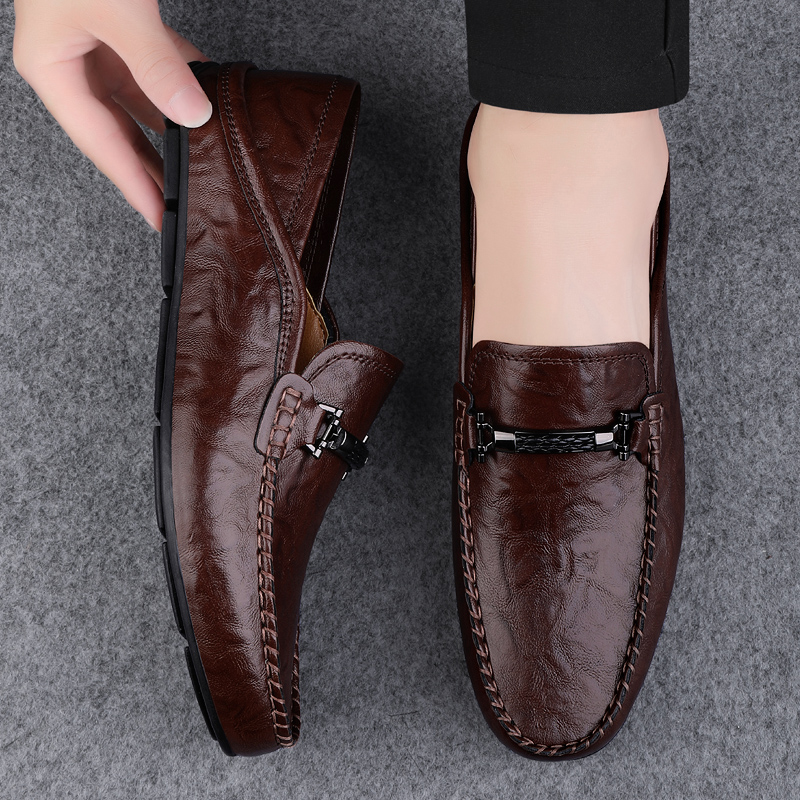 Getjiida Slip on Shoes Brand New Cowhide Casual Men's Soft Sole Comfortable Bean Shoes Spring/Summer Fashion Breathable Hollow Casual Leather Shoes