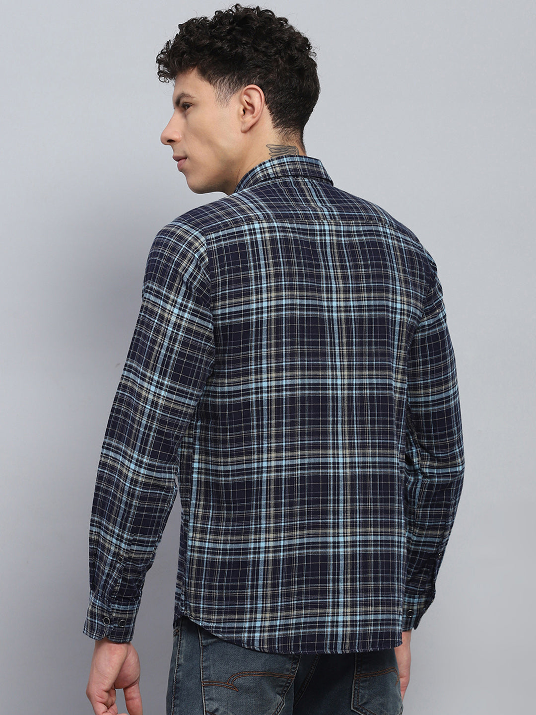 Men Navy Blue Check Collar Full Sleeve Shirt