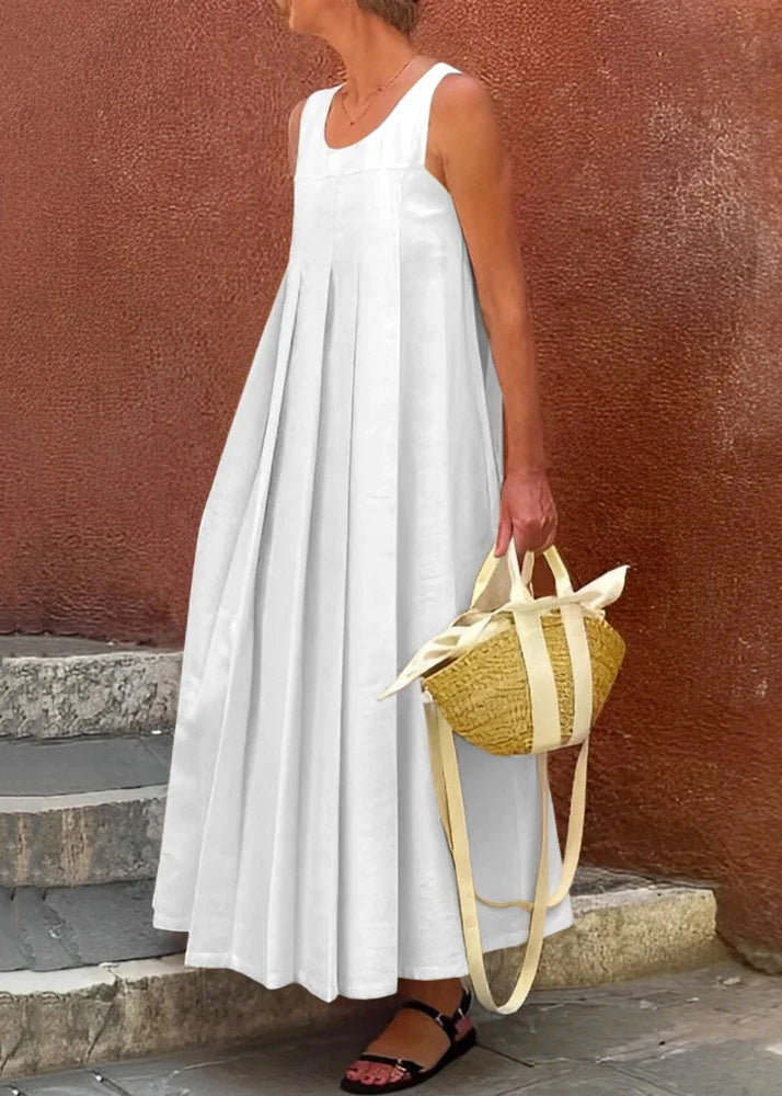 Simple Apricot Wrinkled Solid Cotton Long Dress Sleeveless Summer
