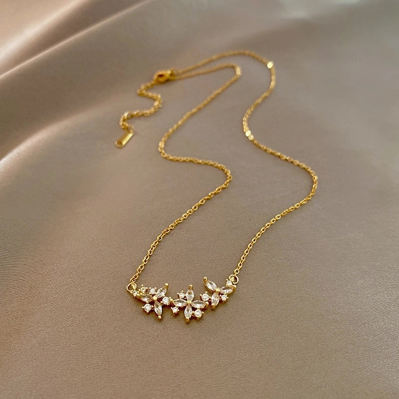 Fashion Flower Butterfly Titanium Steel Copper Pearl Plating Inlay Rhinestones Pendant Necklace 1 Piece