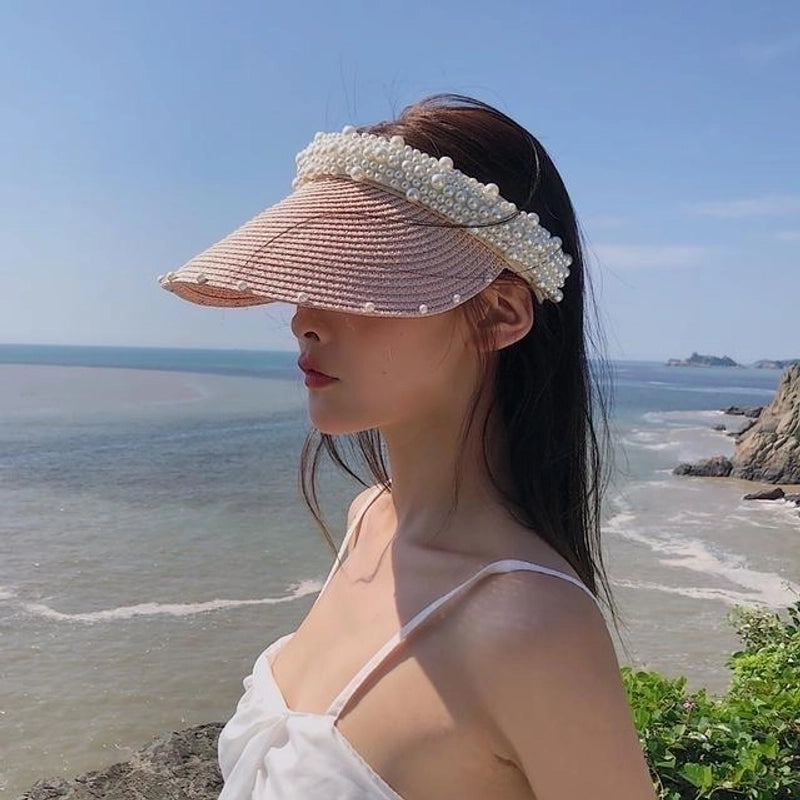Women's Minimalist Classic Style Color Block Pearl Wide Eaves Sun Hat