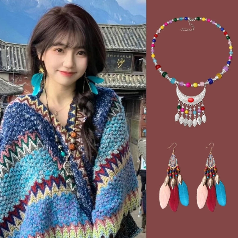 Travel Outside Knitted Shawl Ethnic Style Vintage Cape Cloak Tassel Scarf For Vacation Wear