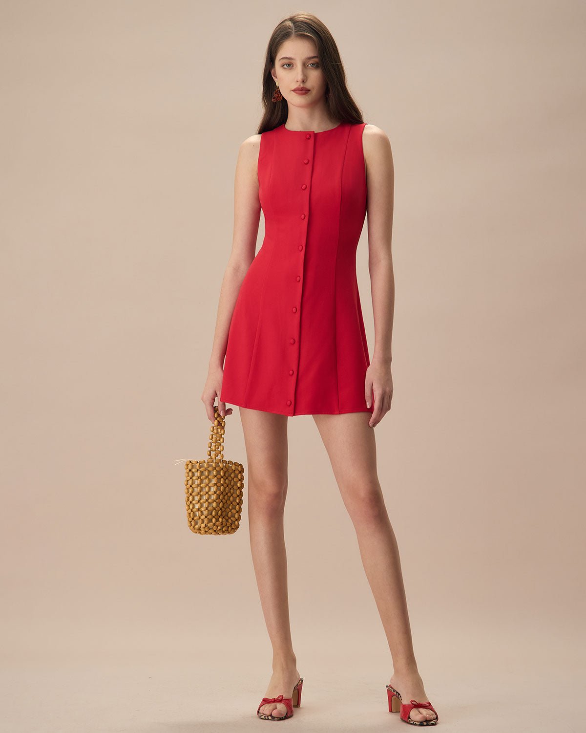 The Red Round Neck Button Mini Dress