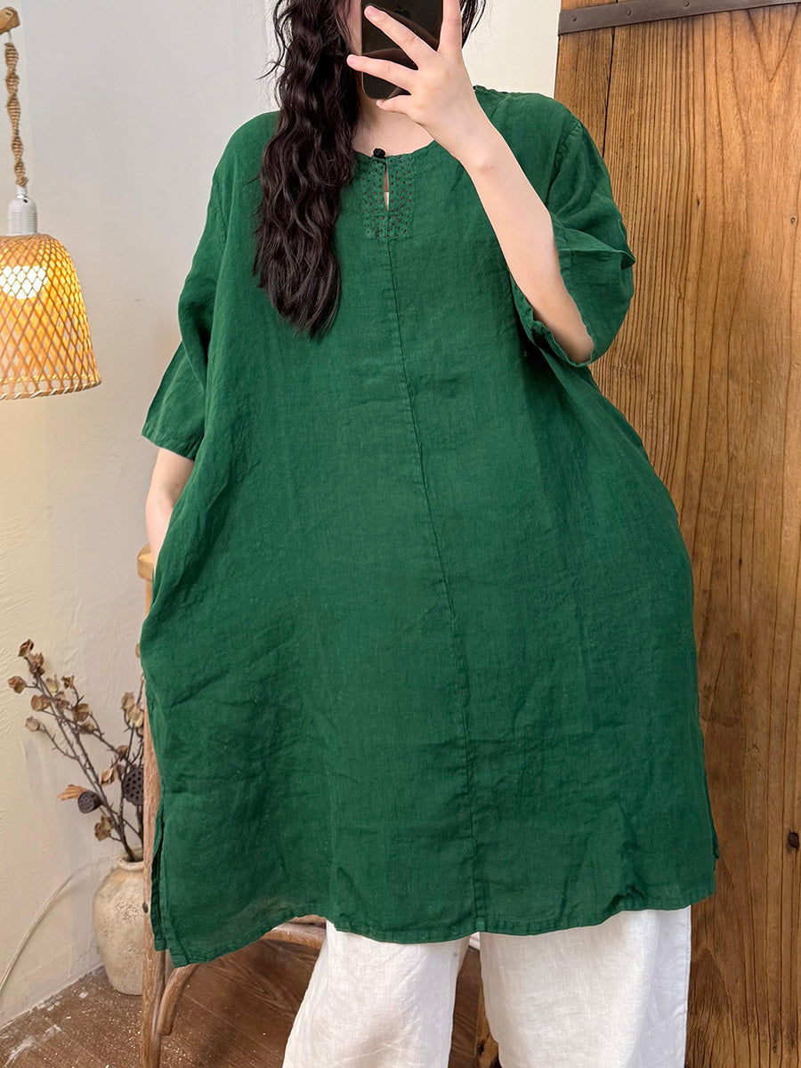 Women Summer Casual Pure Color O-Neck Hemp Shirt