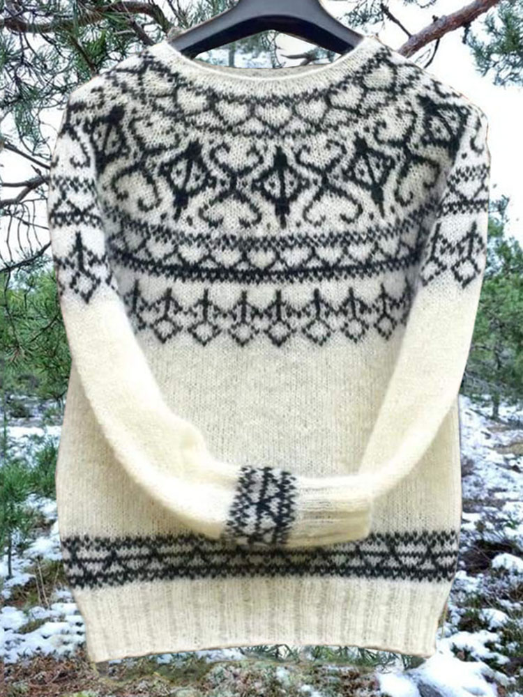 Vintage Icelandic Knit Jacquard Crew Neck Sweater (Unisex)