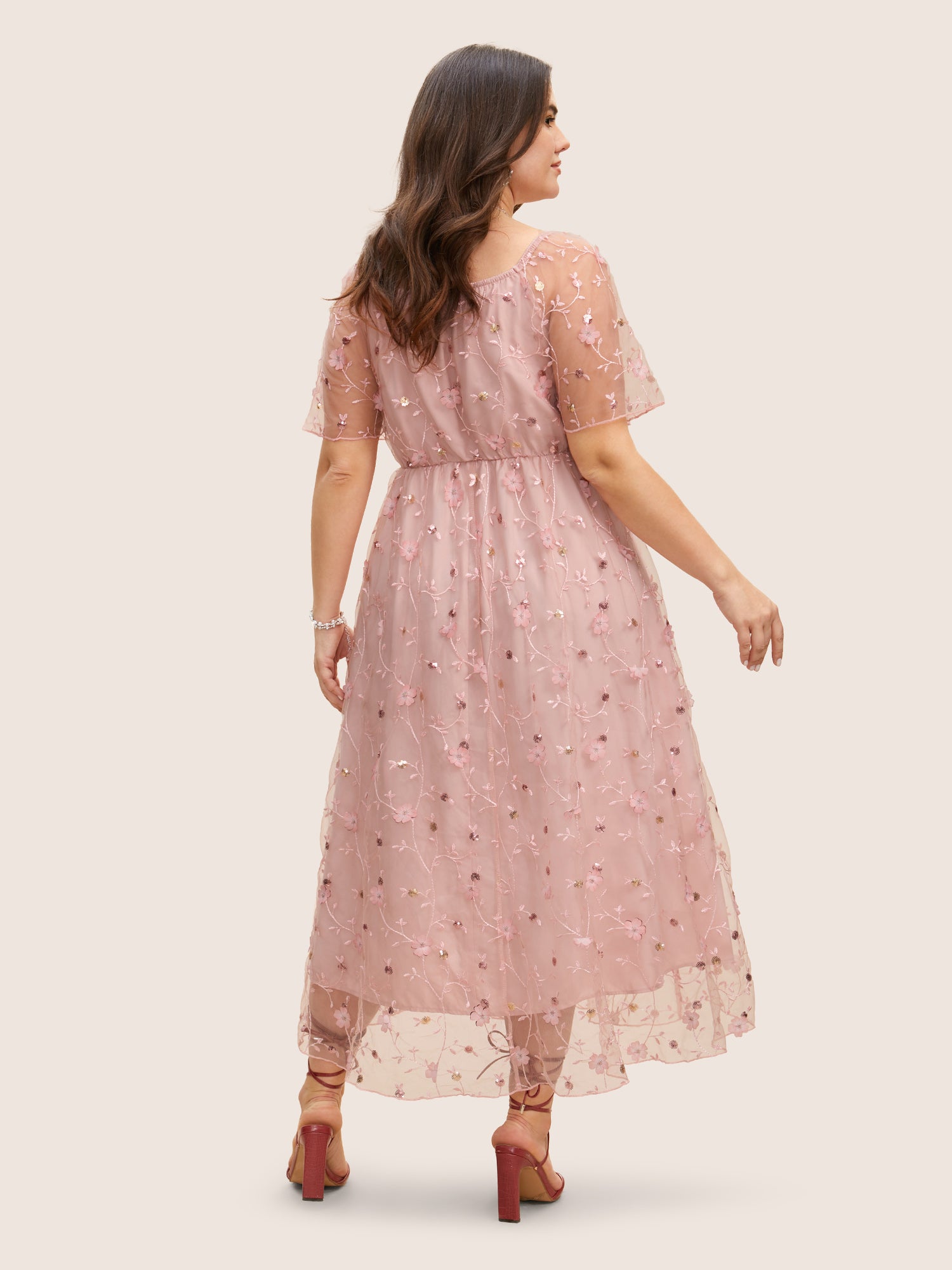 Heart Neckline Floral Embroidered Sequin Mesh Dress