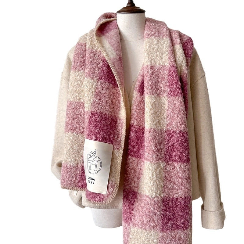 Atmosphere Color-Contrast Check Circle Hair Scarf Women's Winter Warm All-Matching Affordable Luxury Fashion Temperament Shawl