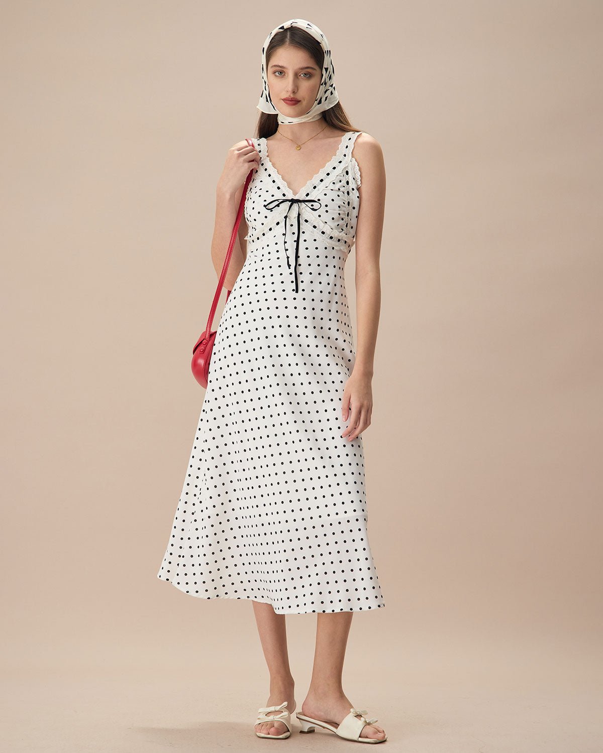 The White V-Neck Polka Dot Lace Trim Midi Dress