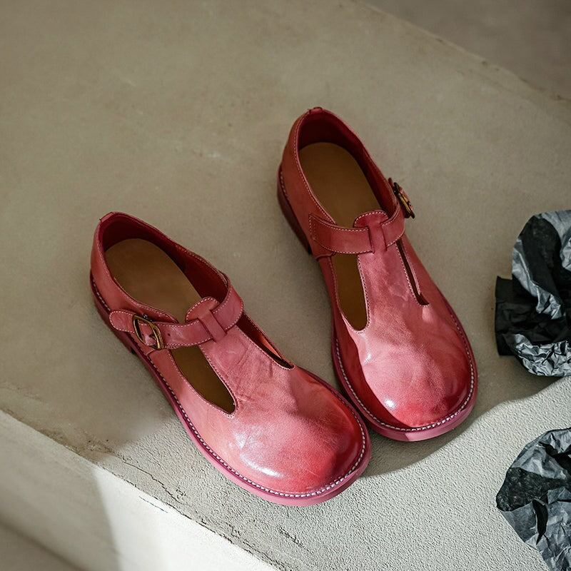 Vintage Washed Horse Leather Round Toe T-Strap Mary Jane Shoes Pink/Yellow/Black
