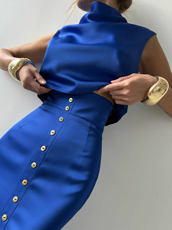 Sleeveless Buttoned Solid Color Split-Front Heaps Collar Tank Top&Skirts Bottoms  Two Pieces Set