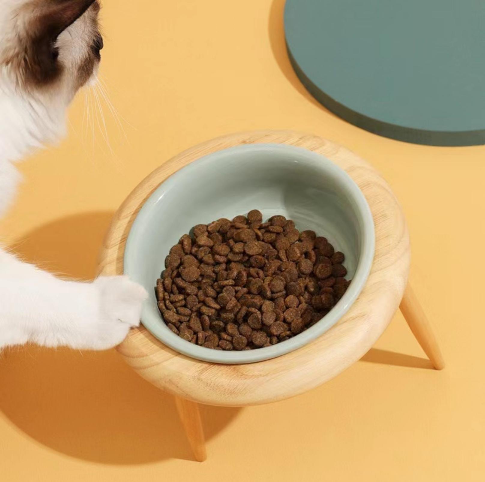 Ceramic Height Adjustable Pet Bowl with Wooden Stand | Small Dog and Cat Bowls