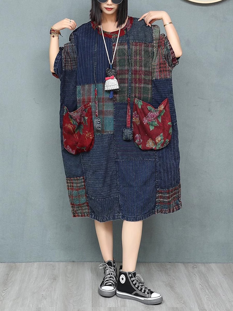 Women Summer Retro Patchwork O-Neck Cotton Dress