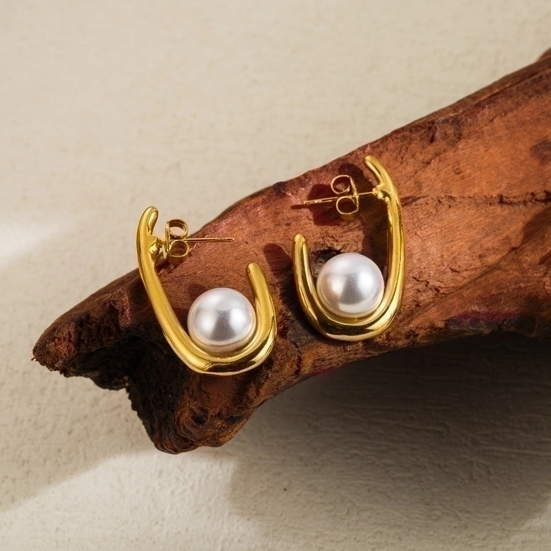 Classic Style Solid Color Flower Plating Inlay Stainless Steel Artificial Pearls 14k Gold Plated Drop Earrings