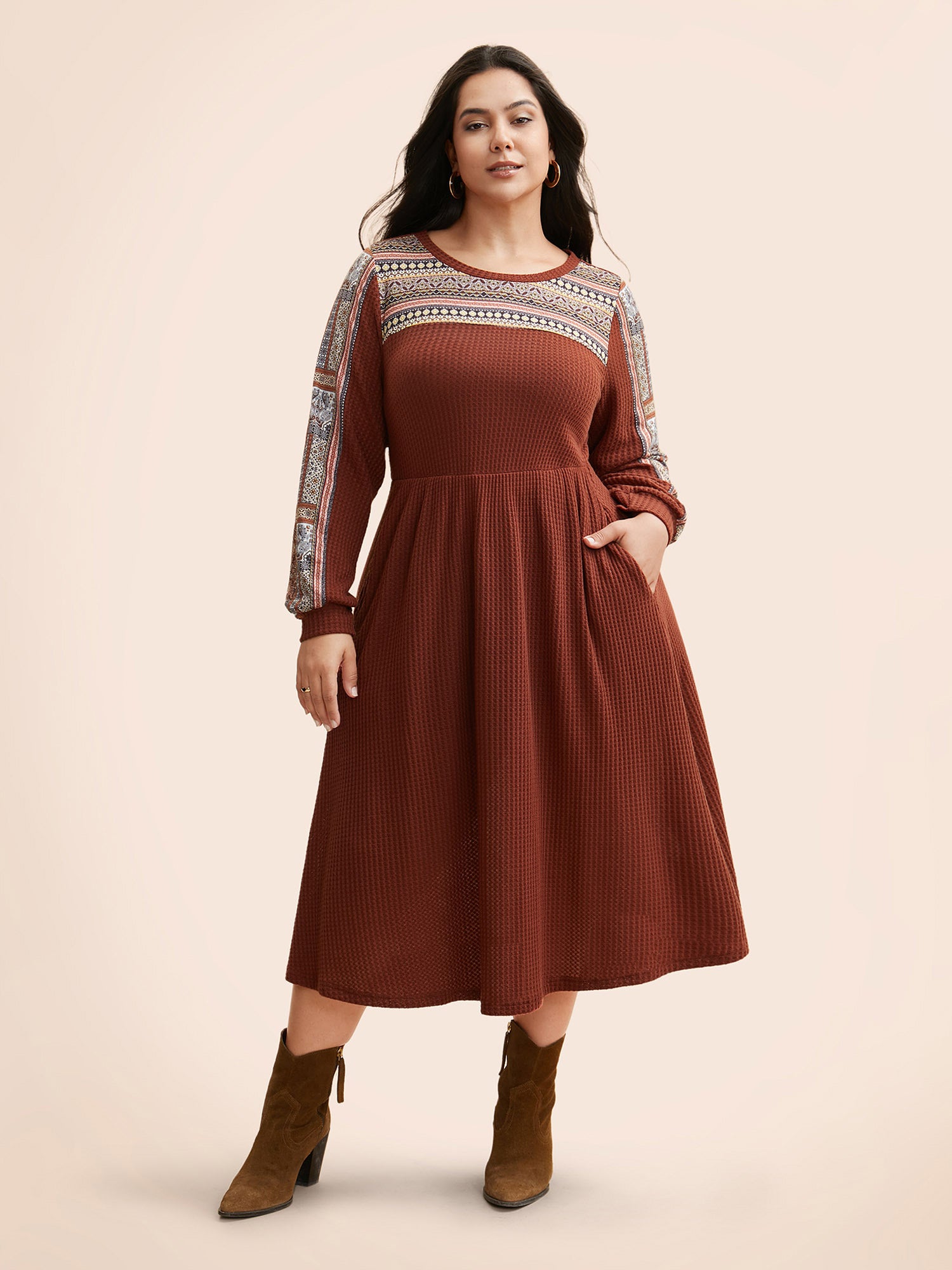 Bandana Patchwork Waffle Knit Midi Dress