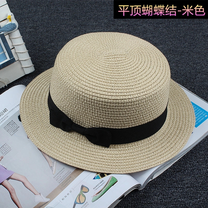 Straw Hat Sun Hat Trendy Women Summer Bow Straw Flat Top Hat