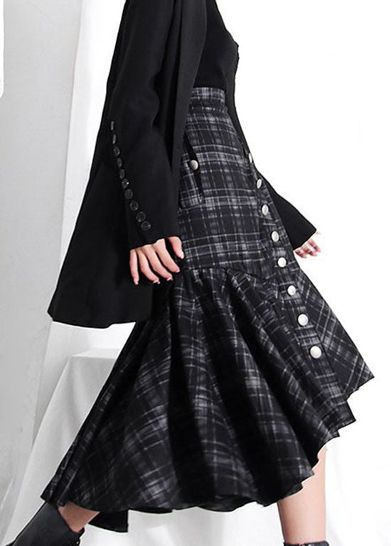 Fashion dark Grey button Ruffles Plaid Skirt Spring