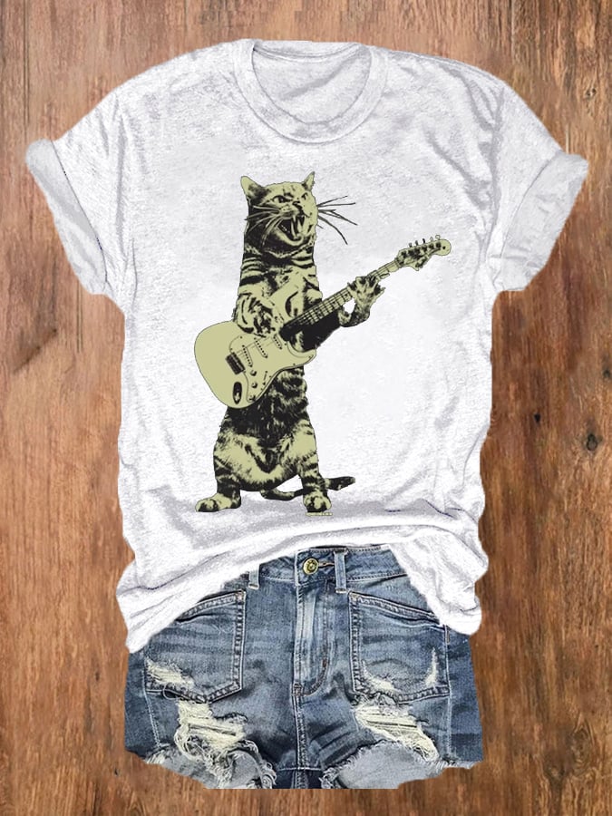 Women's Funny Cat Playing Guitar Graphic Casual Tee