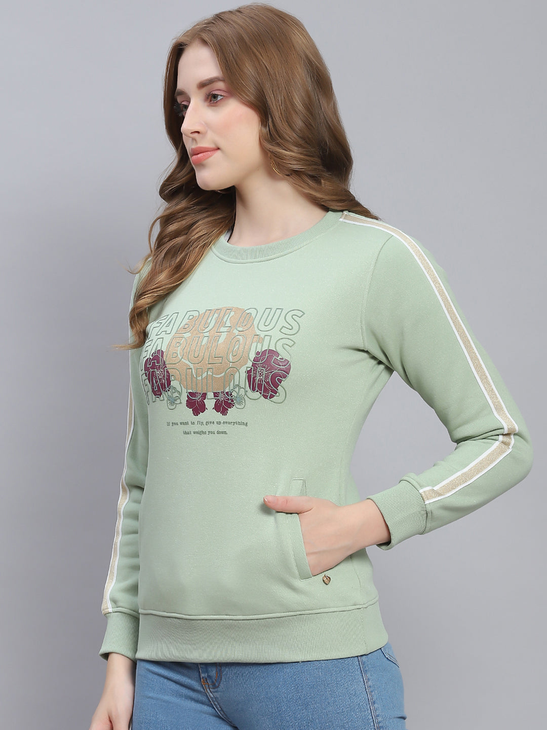 Women Green Printed Round Neck Full Sleeve Sweatshirts