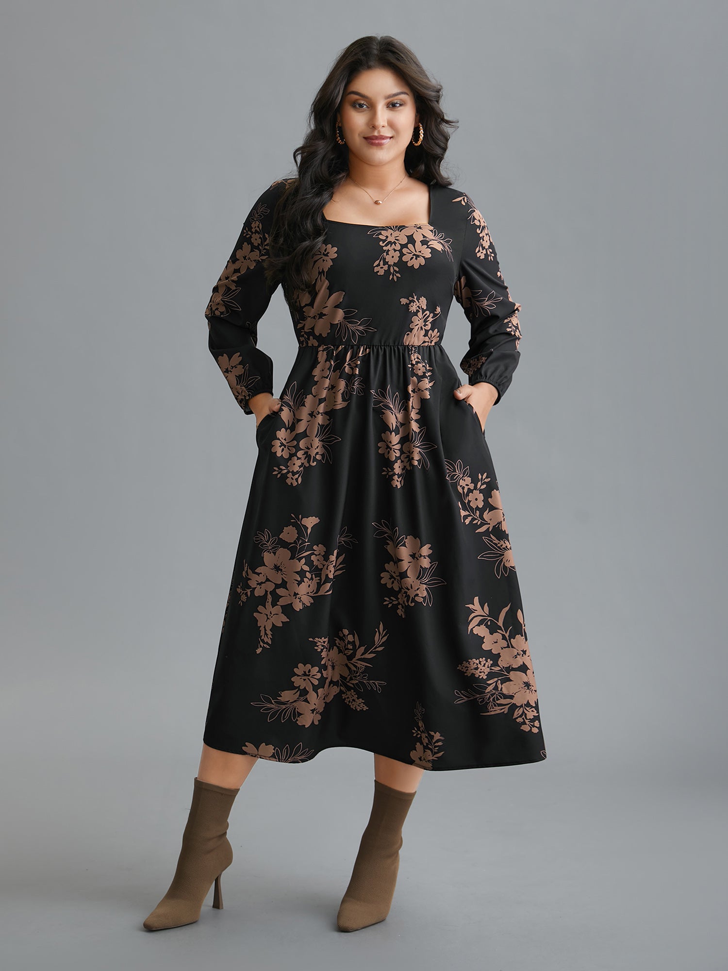 Floral Square Neck Pocket Midi Dress