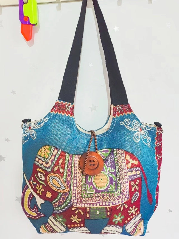 Women's Large Canvas Elephant Ethnic Style Square Zipper Shoulder Bag