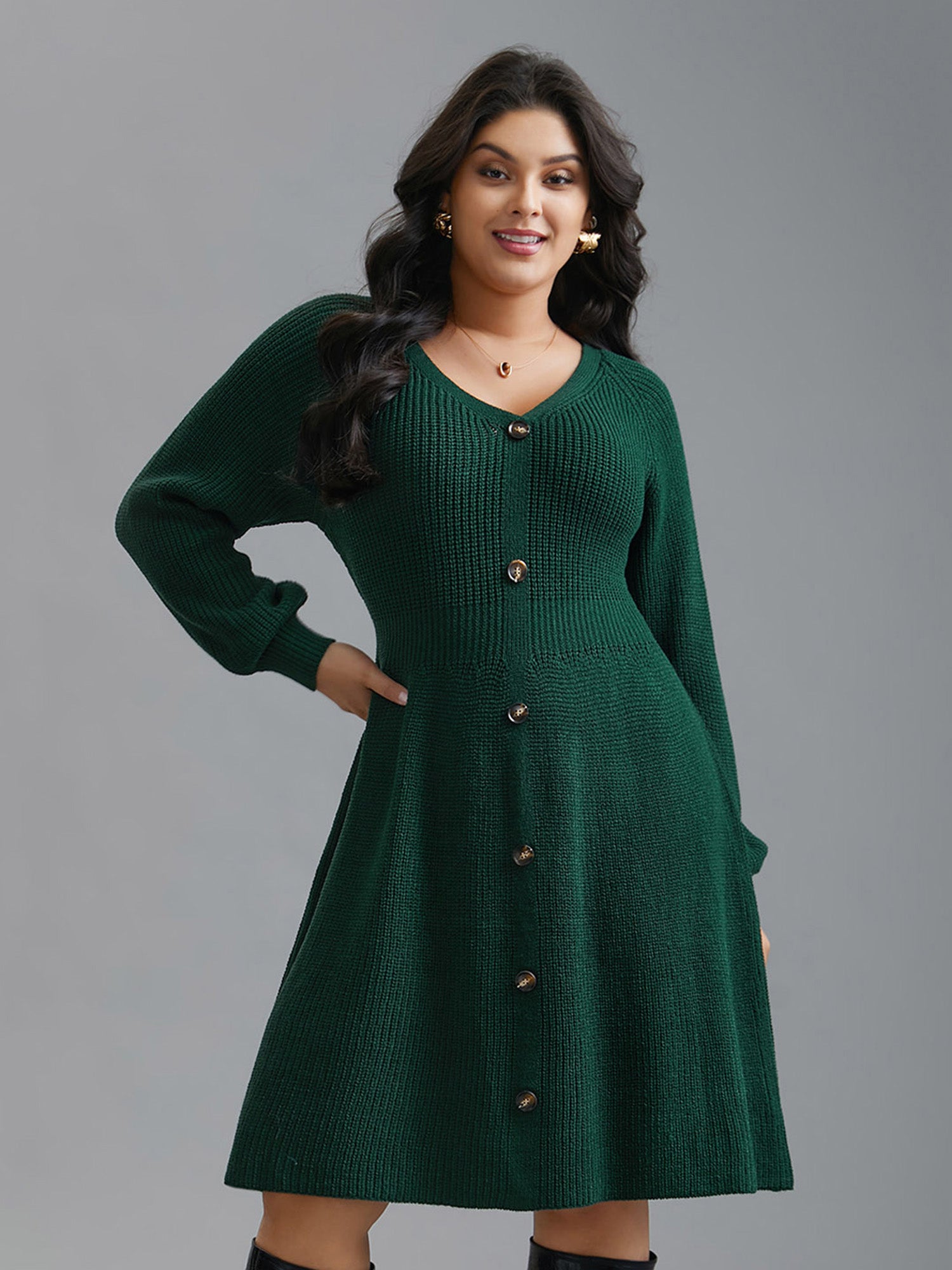 Raglan Sleeve Textured Button Detailing Dress