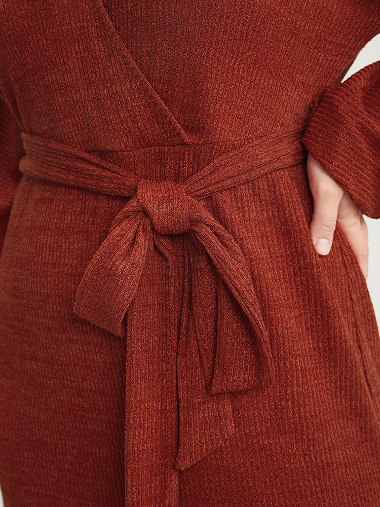 Solid Surplice Neck Belted Knit Dress