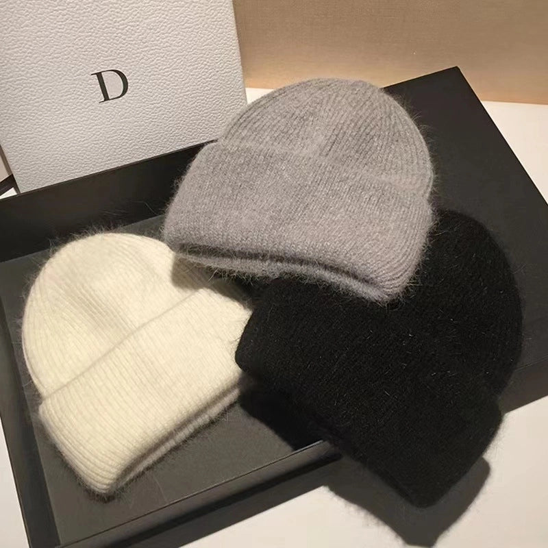 Japanese High-End New Rabbit Fur Knitted Woolen Cap Women's Fashion Autumn Winter Japanese Beanie Hat Thermal Head Cover Knitted Hat