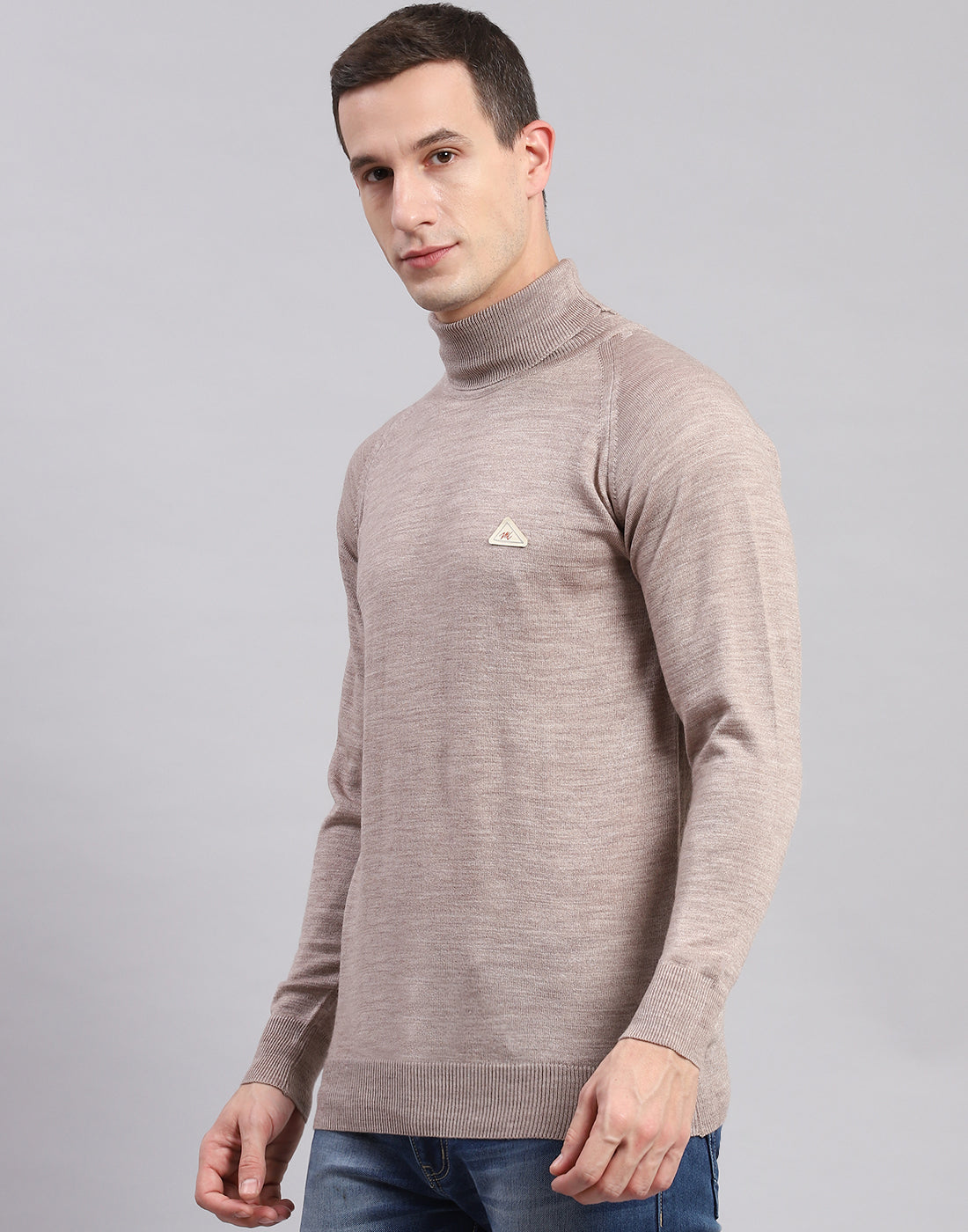 Men Beige Solid High Neck Full Sleeve Pullover