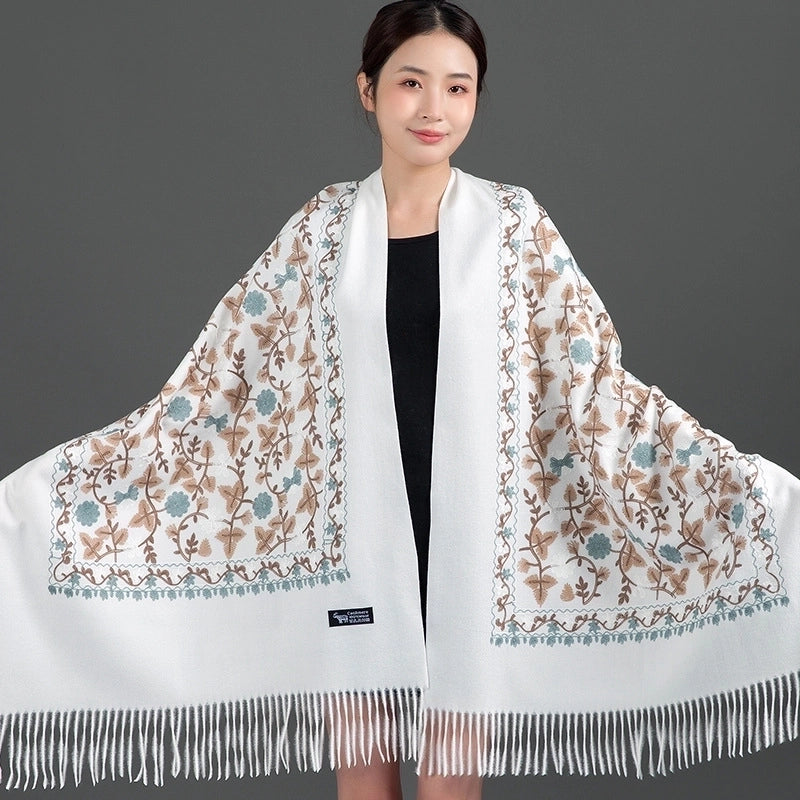 Embroidered Imitation Wool Cashmere Scarf Women's Autumn And Winter Cheongsam Air Conditioning Shawl Summer Outer Wear Multi-purpose Mother Style