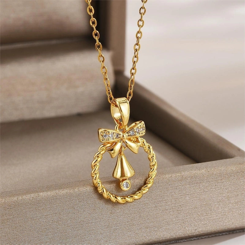 Elegant Minimalist Leaf Flower Bow Knot Titanium Steel Zircon Plating Pendant Necklace