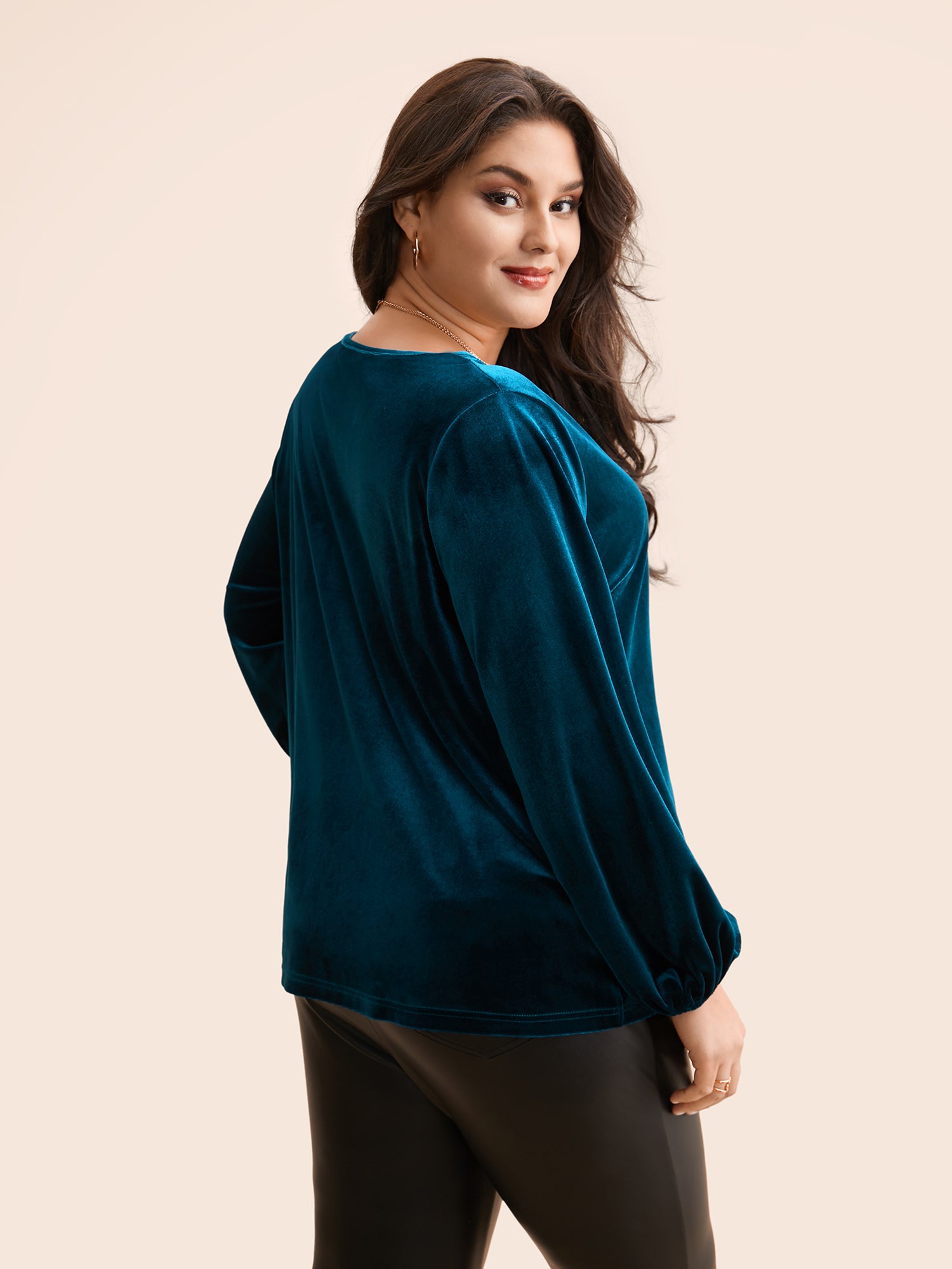 V Neck Velvet Lantern Sleeve Blouse