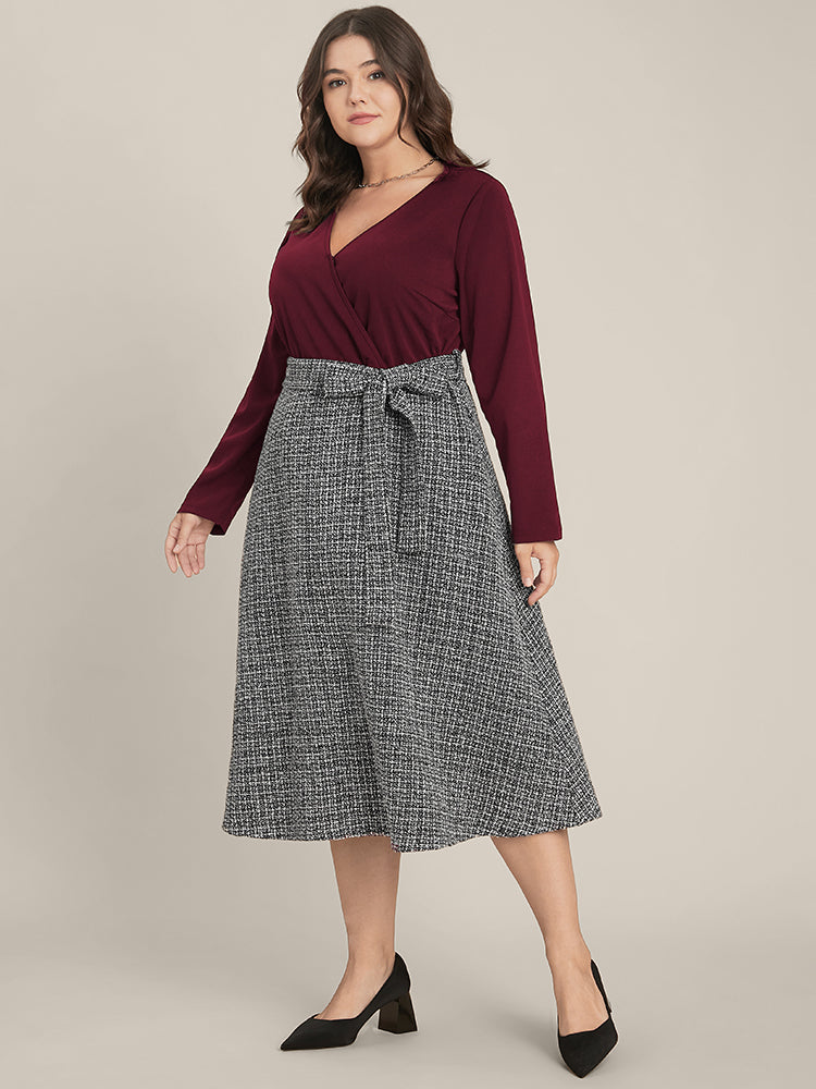 Plaid Patchwork Surplice Neck Belted Tweed Dress