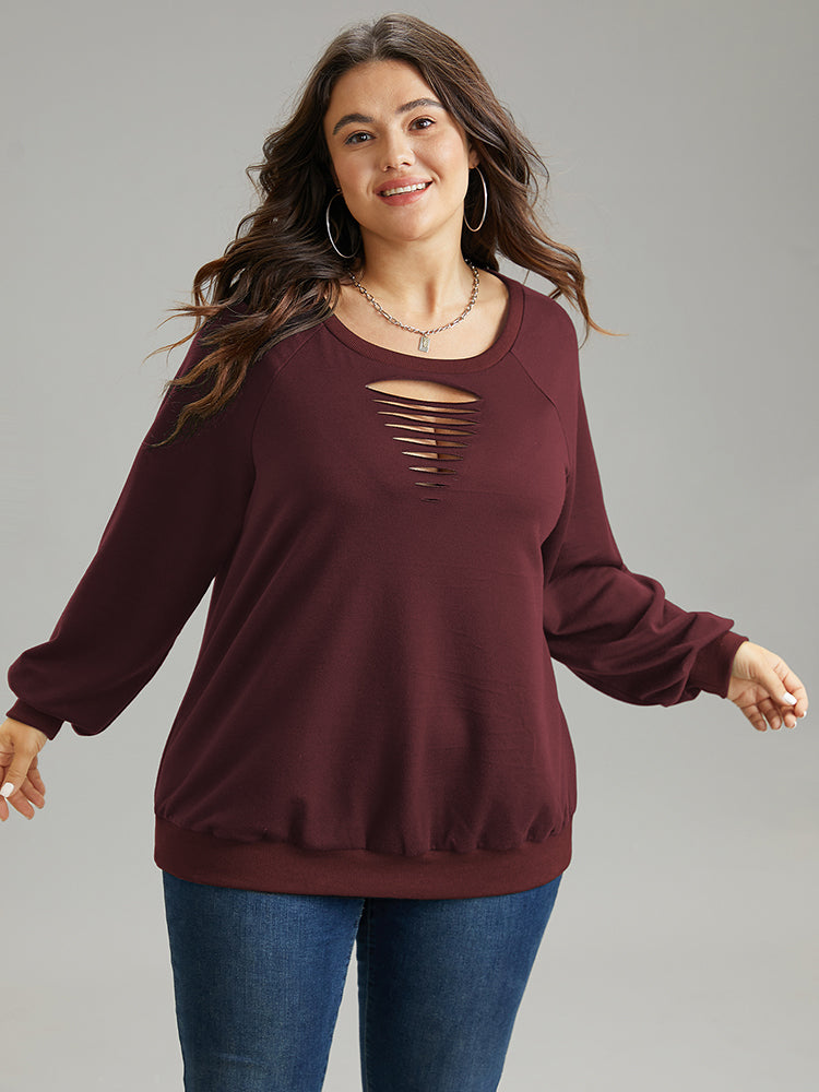 Solid Rib Knit Cut Out Raglan Sleeve Sweatshirt