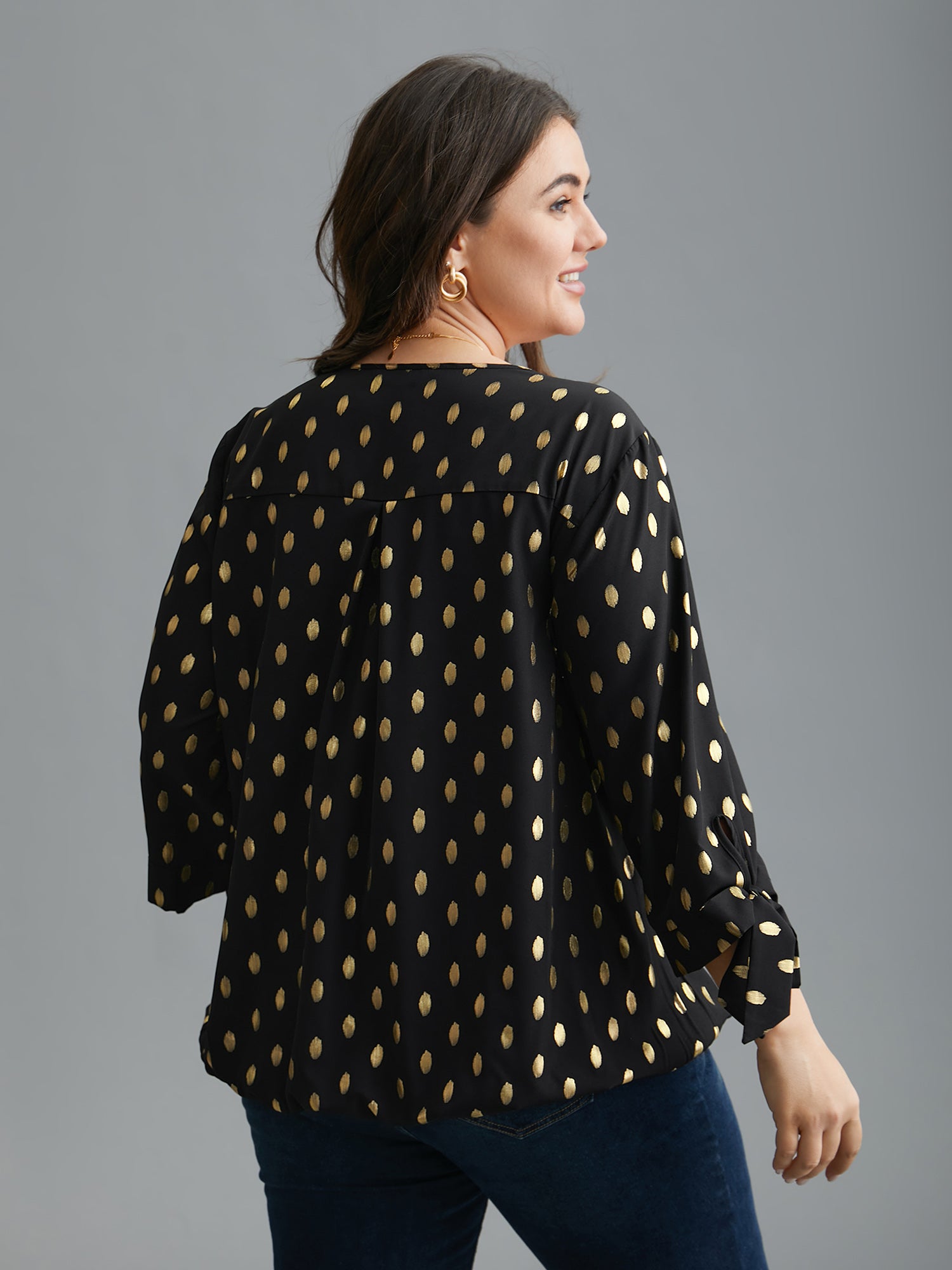 Glitter Overlap Collar Tie Knot Blouse
