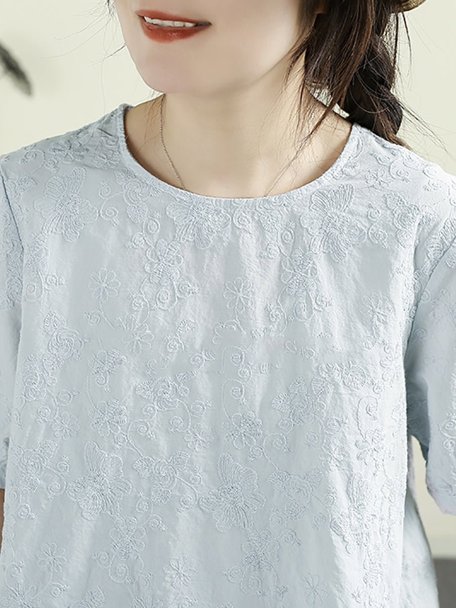 Women Summer Embroidery Wave Hem 100%Cotton Shirt